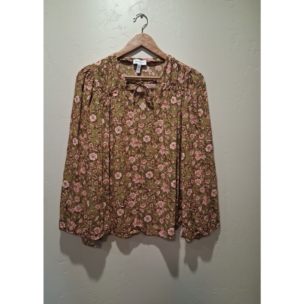 Jessica Simpson Women's Sz M Green Pink Floral Botanical Dots Leslie Bell Sleeve